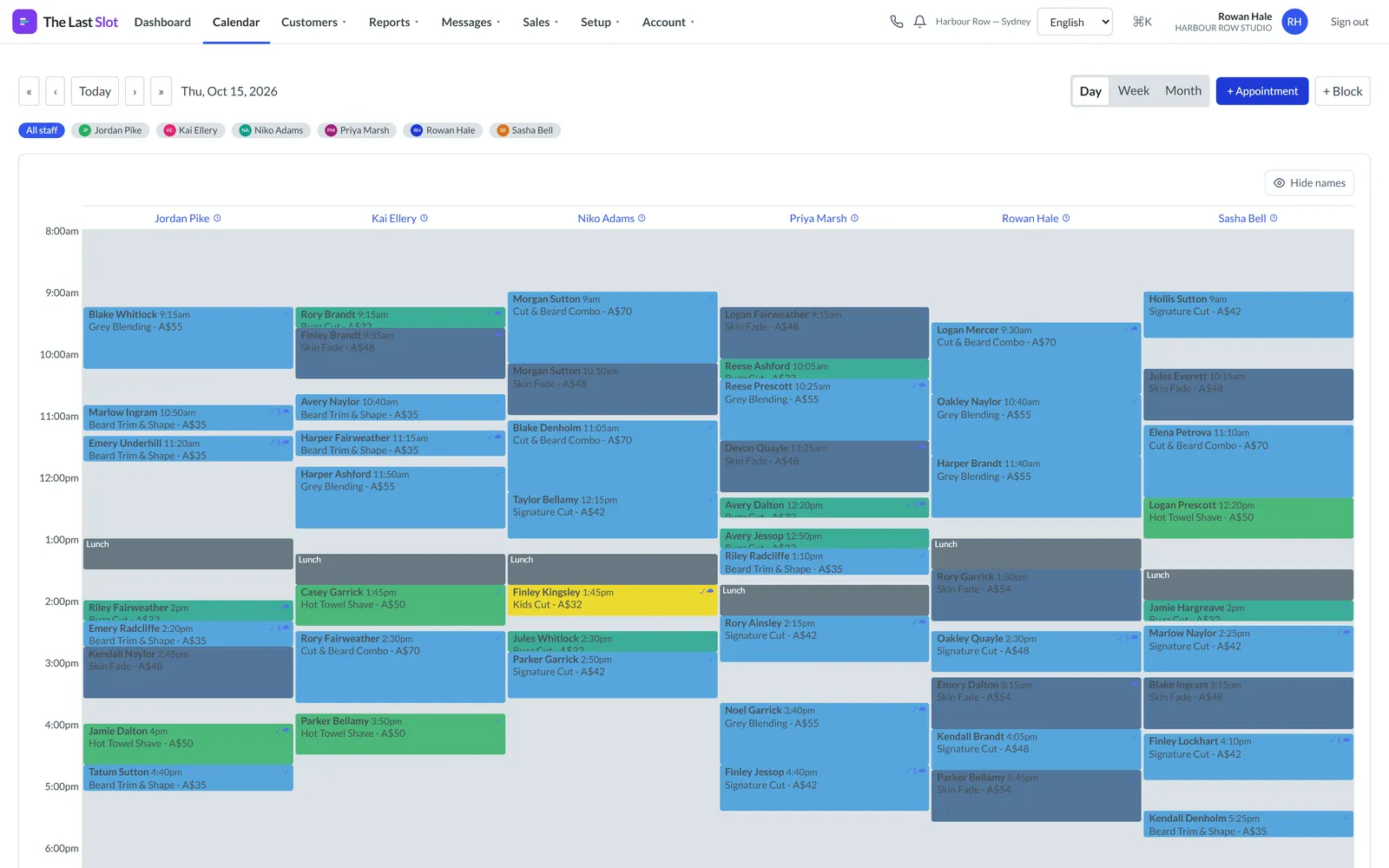 The Last Slot's day calendar: six staff columns filled with colour-coded bookings from 8am to 6pm.